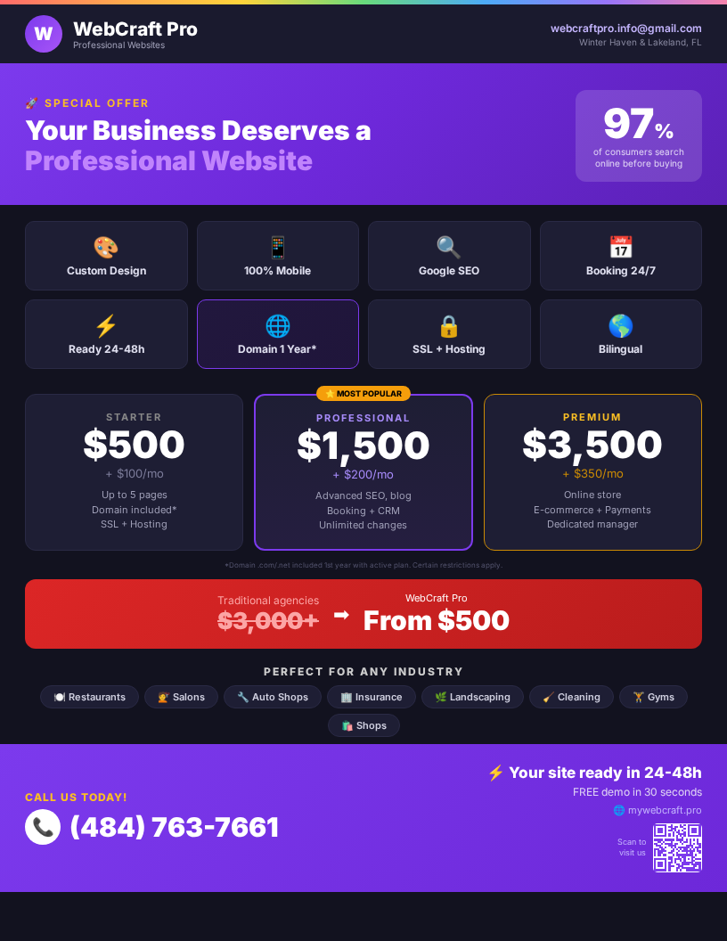 WebCraft Pro promotional flyer with pricing and services